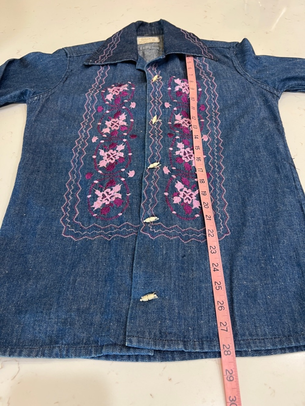 Vintage 70s Embroidered Denim Shirt Western Boho Floral Cotton - Picture 9 of 10